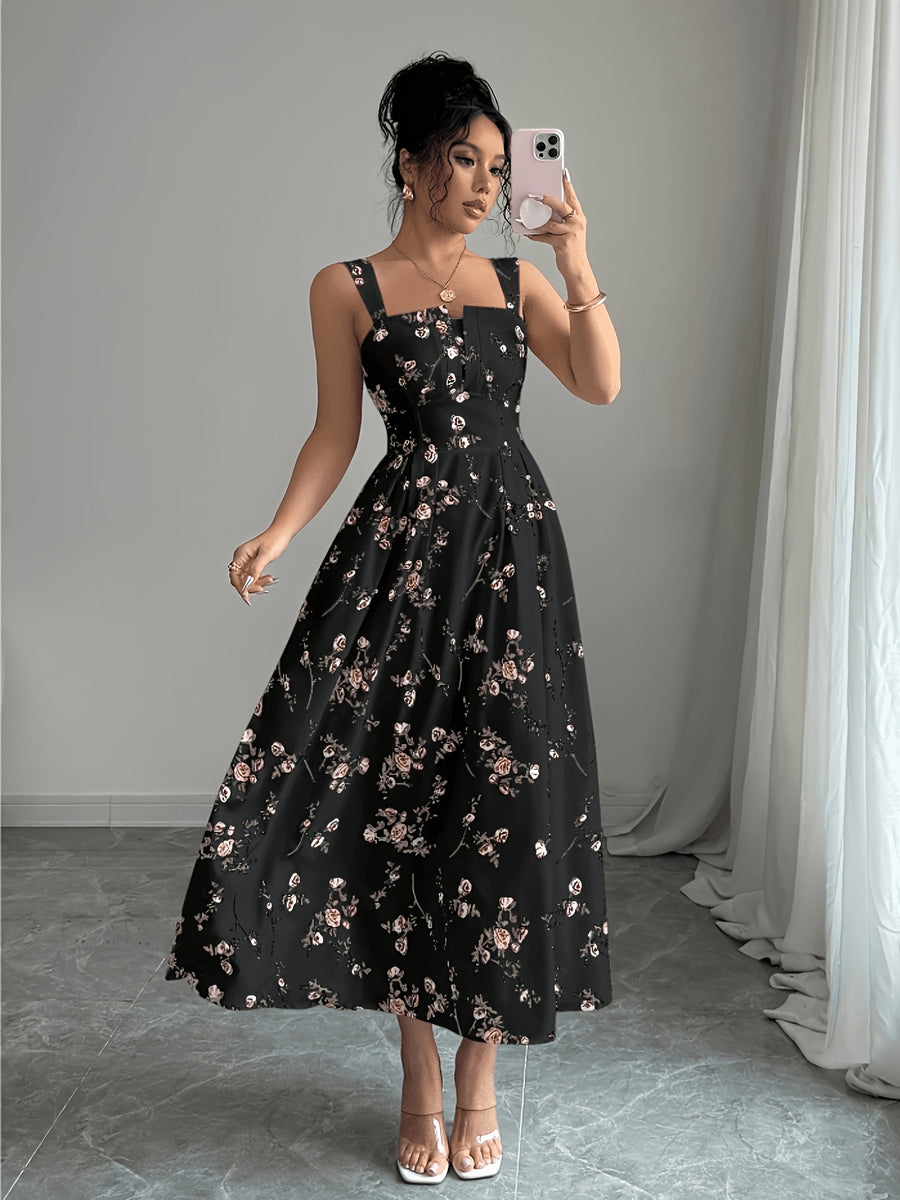 Women's Vintage Square Neck White Floral Print Camisole Dress, Featuring a Effect, Vintage Elegant Vacation Style, Suitable for Summer Dates and Casual Wear in Spring and Summer. Machine Washable - Black