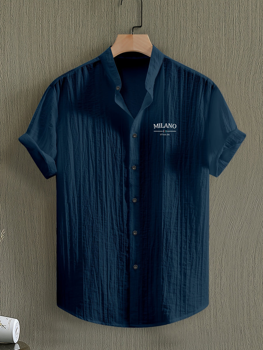[Pearson OBM] Men'S Summer Print Short Sleeve Casual Stand-Up Collar Shirt, Button-Up Top Fashion Versatile Blouse, Lightweight Breathable Fabric for Beach Vacation Pool Party - Navy Color