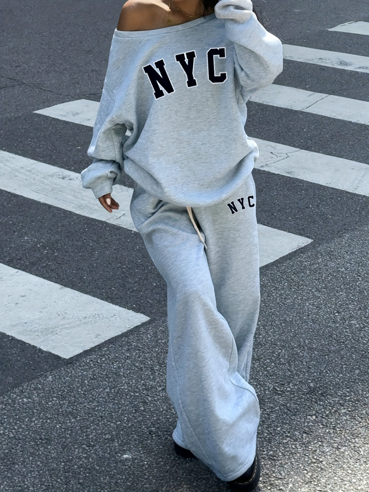 Autumn Winter Fleece Sweatshirt Set, Off-Shoulder Letter Print Top And Letter Print Long Pants (2pcs Set) - Light Grey
