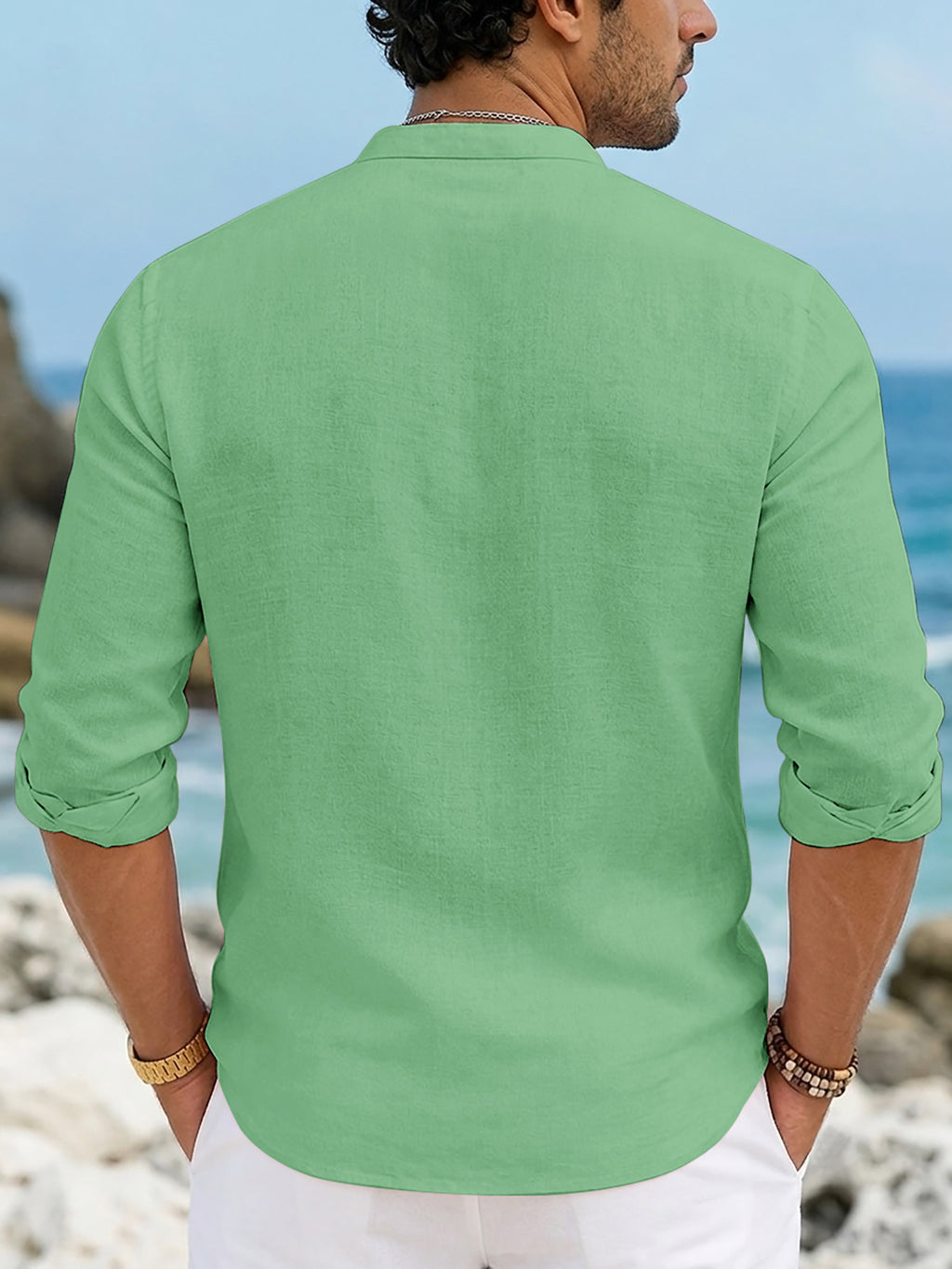 Men's New Casual Stand Collar Long Sleeve Shirt, Faux, Skin-Friendly, Soft, and Breathable, Baoxinren Ytprw OK Letter Print Button-Up Top, Suitable for Beach Activities, Island Vacation Style, Parties, Daily Commutes, and Versatile Wear - Green