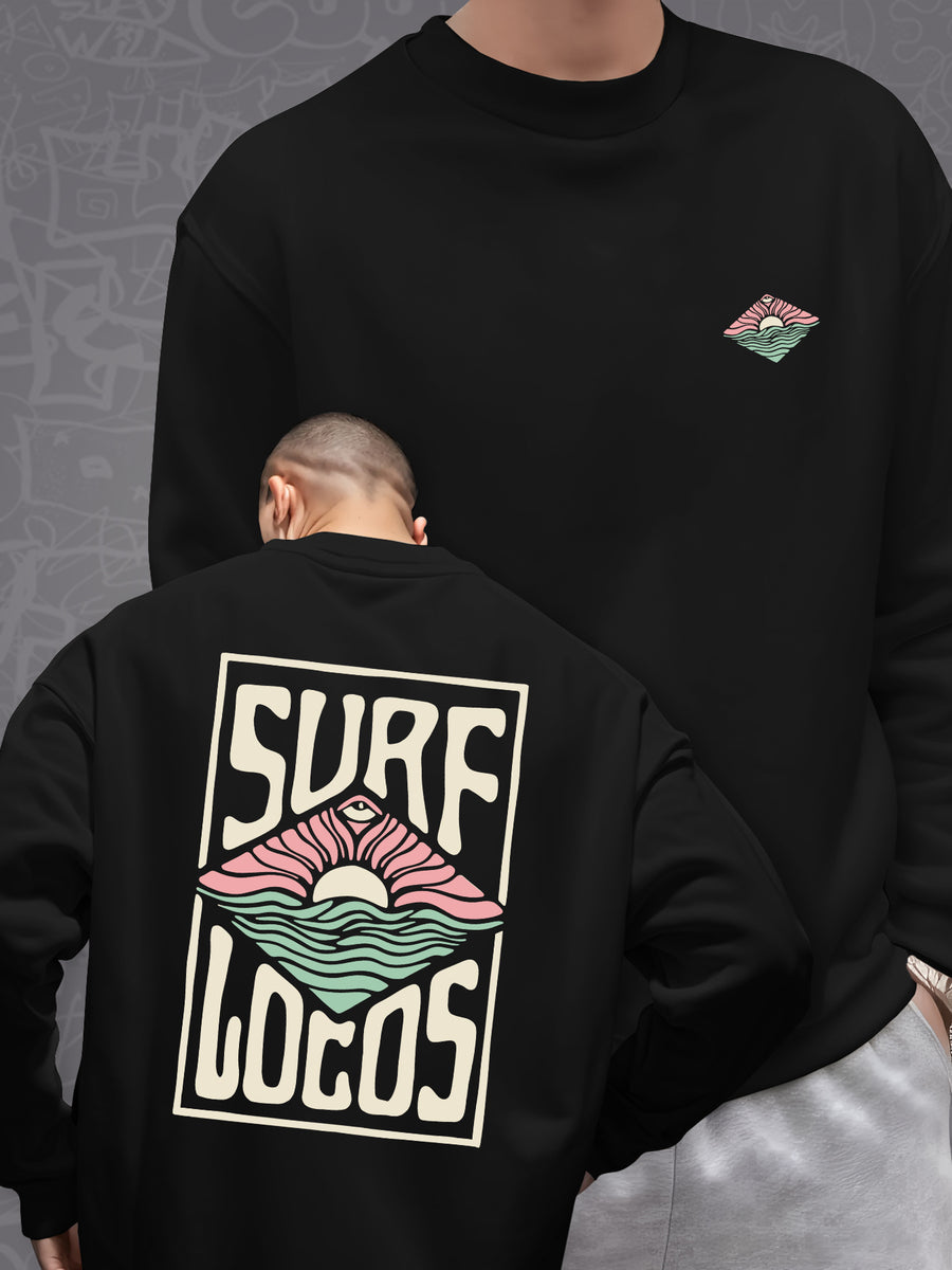 Surf SURF LOCOS Print, Men's Casual Trendy -Lined Long Sleeve Crewneck Sweatshirt, Fashion Print Sweatshirt - Black