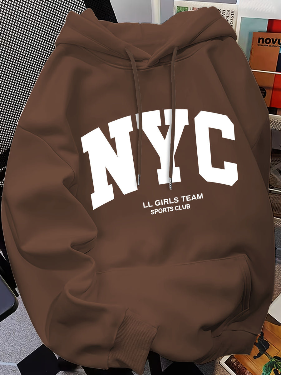 Hooded Sweatshirt with Printed Pattern, Autumn/Winter Style Sweatshirt NYC - Coffee Color