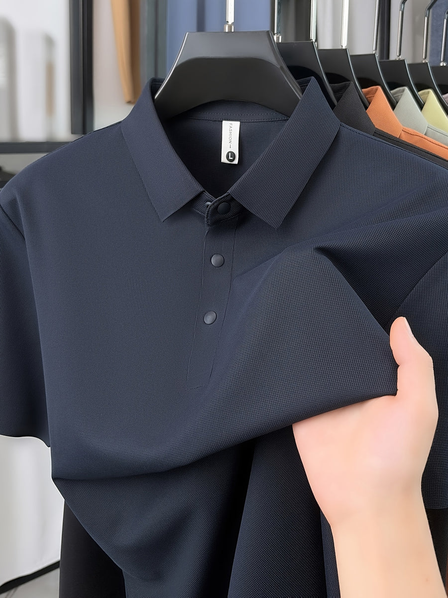 SaXing OBM New Spring/Summer Men's Polo Shirt, Old Money Style Textured Waffle Knit Solid Color Contrast Seamless Half-Placket Single-Breasted Lapel Short-Sleeve T-Shirt, Men's Fashionable Versatile Pullover Base Layer Top with Split Hem Design - Navy Color