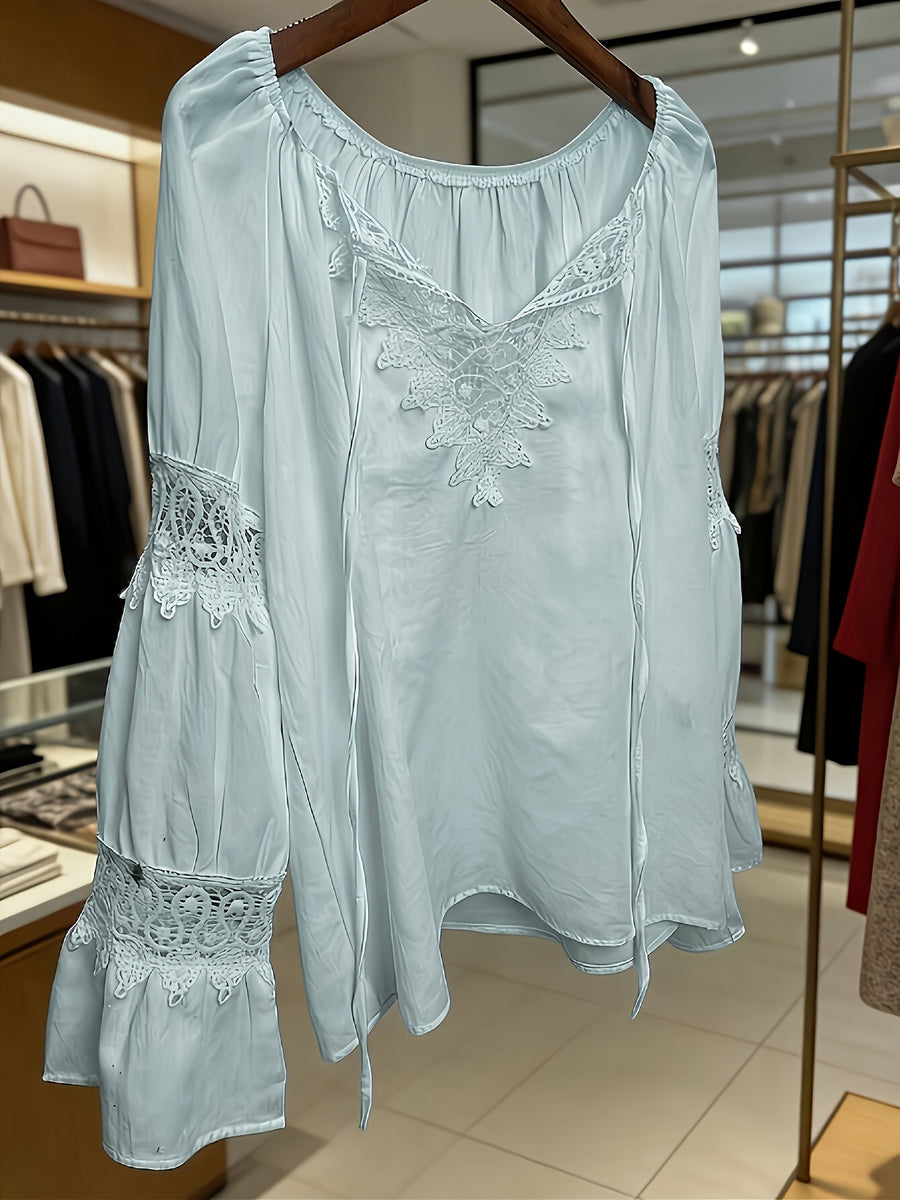 Women's Elegant Lace V-Neck Blouse Shirt - Solid Color Long Sleeve Blouse with Lace Collar & V-Neck, Machine Washable Suitable for Commuting, Office, Weddings, Spring Summer Fall Wardrobe Essential, Non-Stretch Professional Attire - Light Blue
