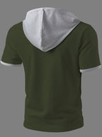 ROYALBOY Spring New Arrival: Hooded Short Sleeve with Dual-Color Waffle Knit Patchwork and Eyelet Drawstring Design. Versatile for Daily Wear, Fashionable Casual Style, Suitable for Gatherings and Parties. Machine Washable, Not Dry Cleanable - Green