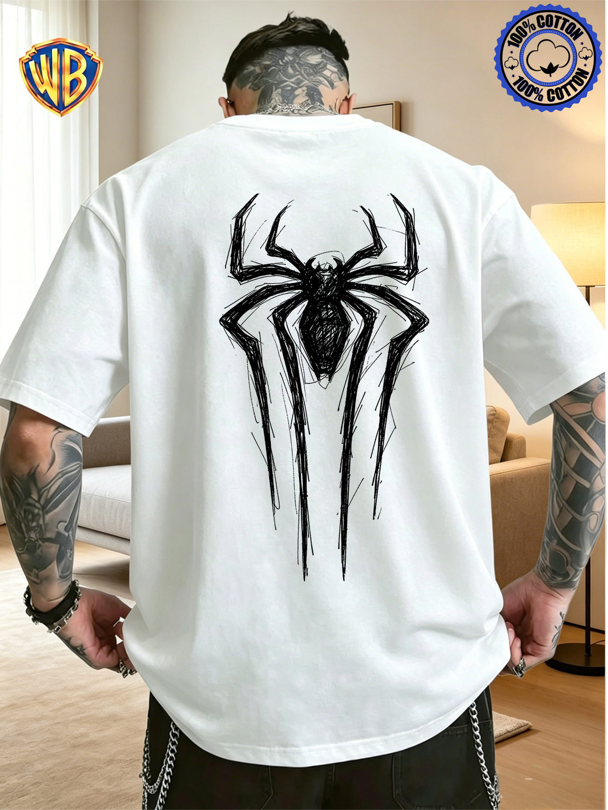 Unisex T-shirt Featuring a Niche Dark Aesthetic with Hand-painted Front and Back Dual-position Combination Prints, Creating a Low-key, Cool, Eye-catching, and Trendy Campus Style - White