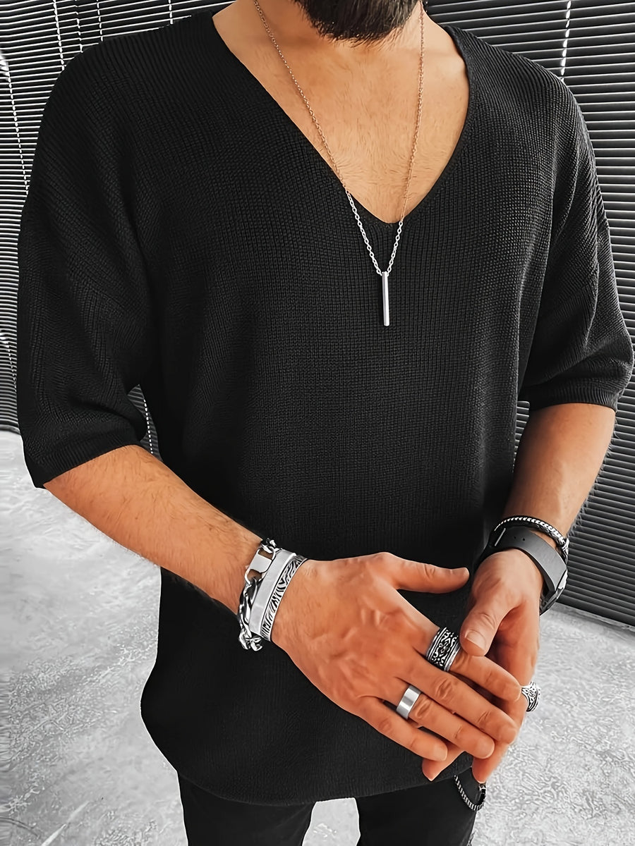 Men'S Loose-Fitting Short-Sleeve Pullover with a V-Neck And Dropped Shoulders, Knit - Black