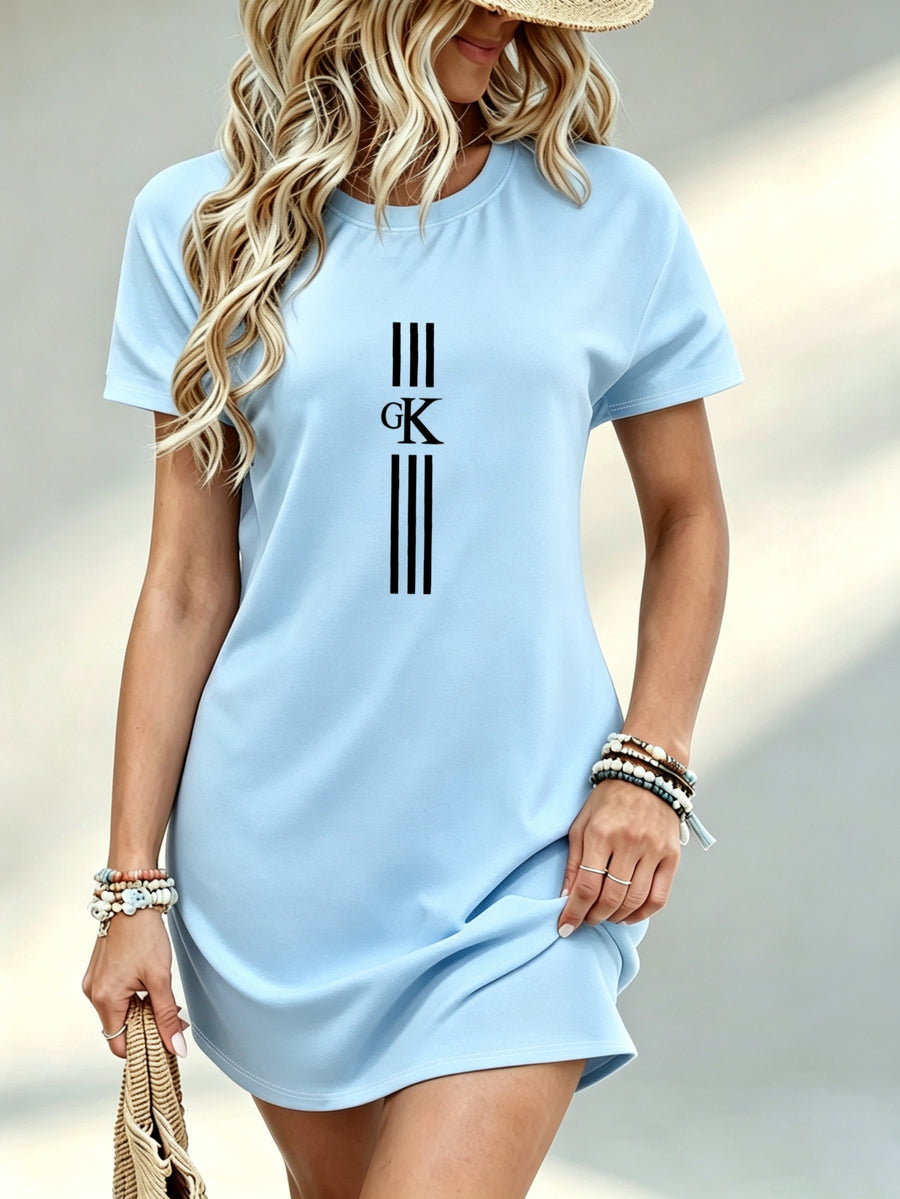 Printed Design - Not Textured, Casual, Women'S Dress, GK Letter Graphic Print, Daily Wear, Gift for Her - Sky Blue