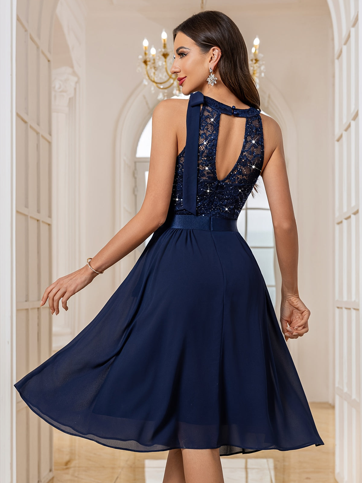 84170A Women's Elegant Round Neck Bow Tie Detail Back Cut-Out Sequin Lace Patchwork Chiffon Asymmetrical Ruffle Hem Midi Party Gown Evening Dress - Navy Color