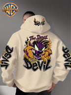 Le Yitong Big Mouth Monster The Devil Flame Print Hooded Sweatshirt, with Sleeve Print Design, Kangaroo Pouch And Drawstring Hood, Suitable for Autumn/Winter Casual Wear And Outdoor Activities - Apricot
