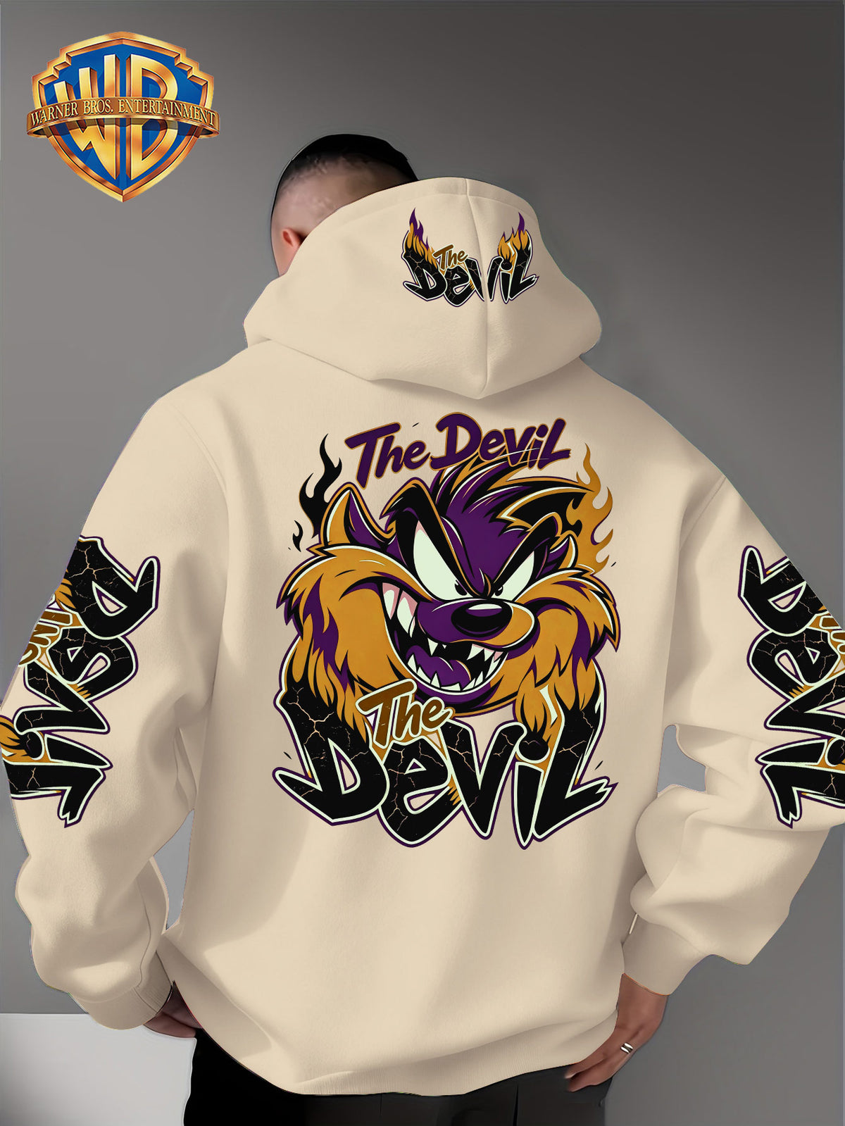 Le Yitong Big Mouth Monster The Devil Flame Print Hooded Sweatshirt, with Sleeve Print Design, Kangaroo Pouch And Drawstring Hood, Suitable for Autumn/Winter Casual Wear And Outdoor Activities - Apricot
