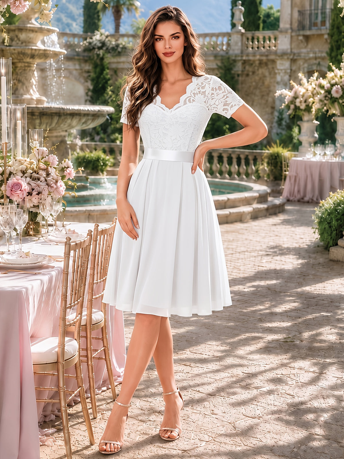 Women's Elegant Lace V-Neck Short Sleeve Chiffon A-Line Wedding Party Short Dress - White
