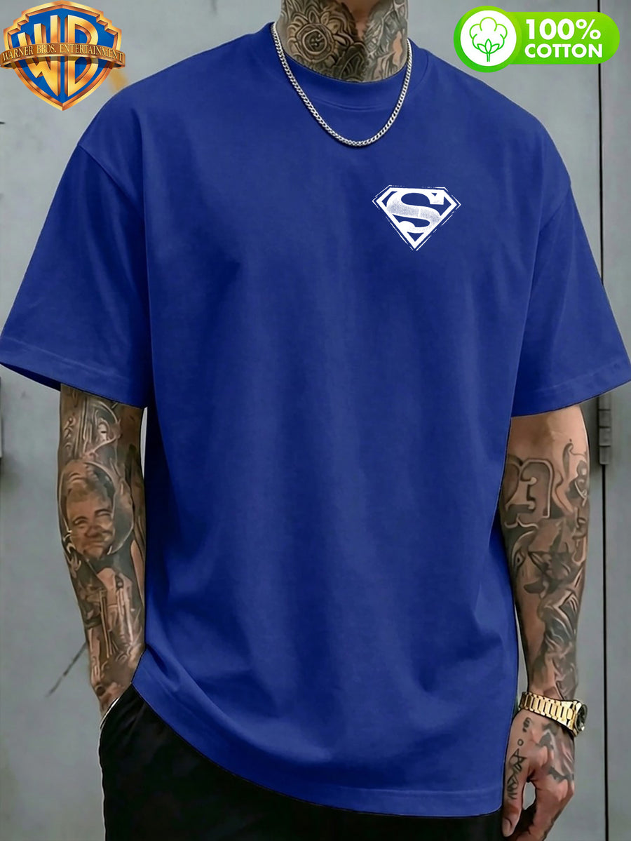 1pc WB Warner Bros. Official DC Superman Icon T-Shirt - Men's & Unisex Vintage Print, 100% Cotton Loose Fit Short Sleeve Tee with Superman, Casual Round Neck Shirt Suitable for Gym, Office, Daily Wear - Father's Day Gift for - Blue