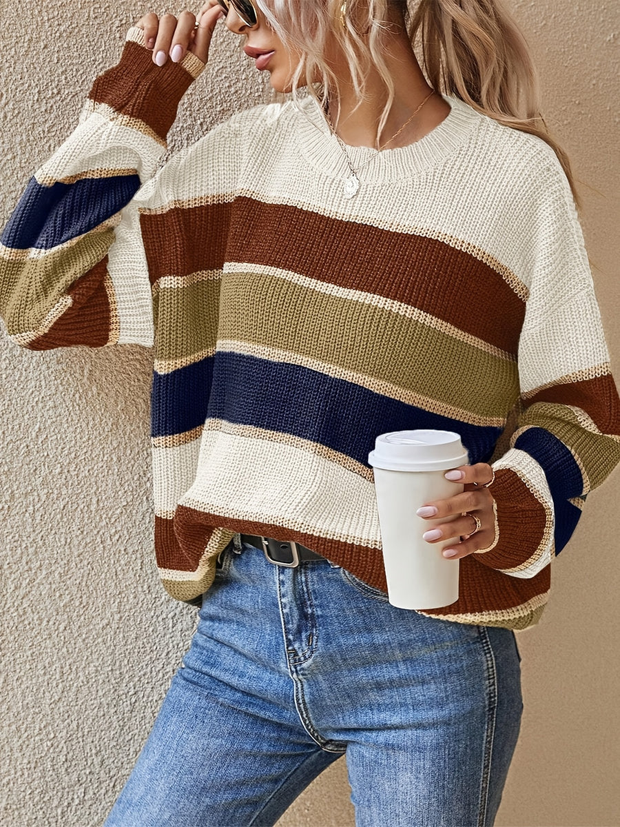 Women'S Color Block Striped Pullover Sweater - Cozy Long Sleeve Crew Neck, Loose Fit, Fall/Winter Casual Top with Green, Brown, and Beige Stripes, Casual Winter Wear | Relaxed Fit Top | Construction, Sweater Dress, Fall Clothe For Women, Fall Sweater For - Apricot