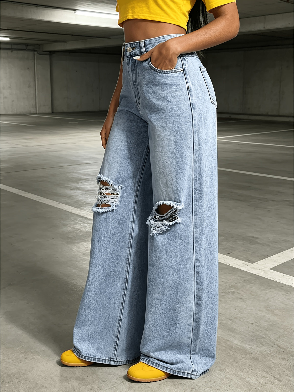 Light Blue Fashionable Ripped Denim Women's Wide-leg Pants; Versatile, Comfortable, Street Style - Sea Blue