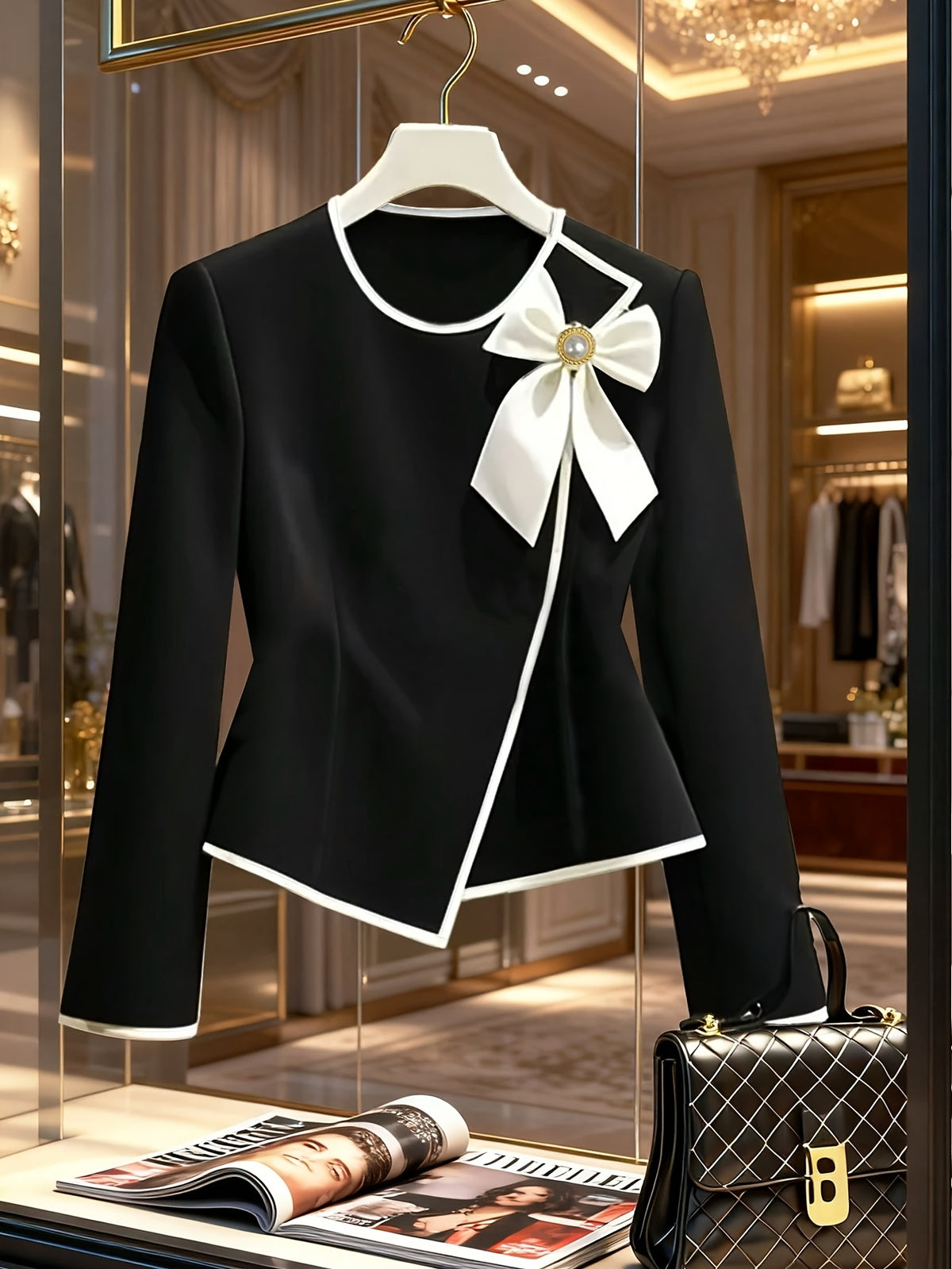 Women'S Fashion Commute Autumn New Style Front Bow Decor Round Neck Slim Fit Asymmetrical Hem Long Sleeve Top - Black