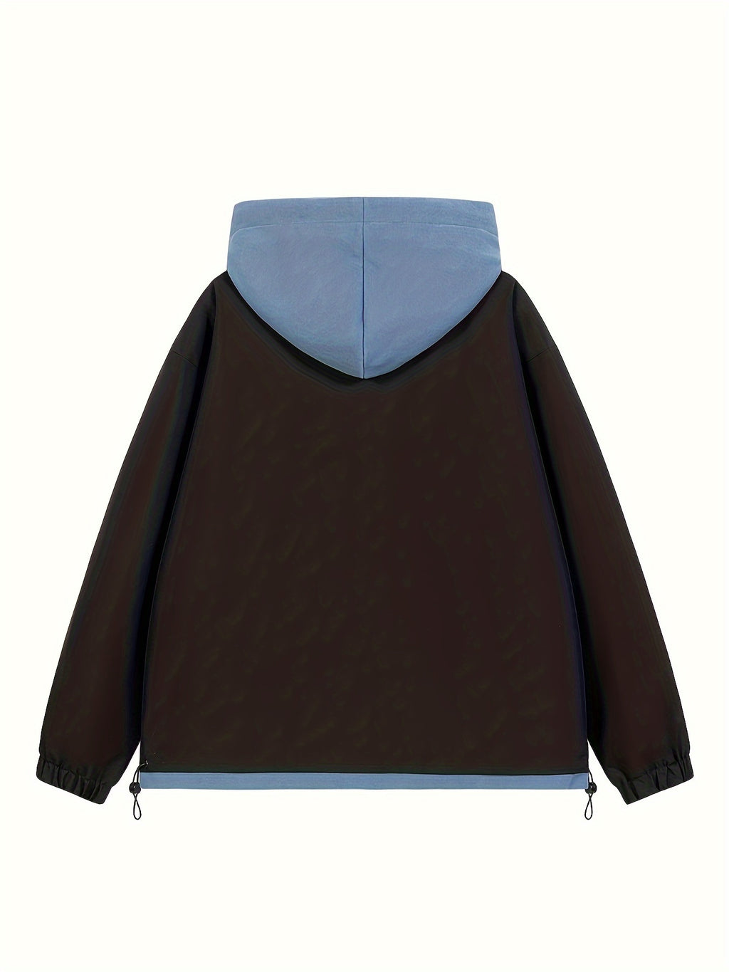 American Style Coat Women'S Trench Hooded Faux Two-Piece Windbreaker Design-Driven Color-Block Casual Loose Jacket - Black Color+Blue
