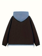 American Style Coat Women'S Trench Hooded Faux Two-Piece Windbreaker Design-Driven Color-Block Casual Loose Jacket - Black Color+Blue