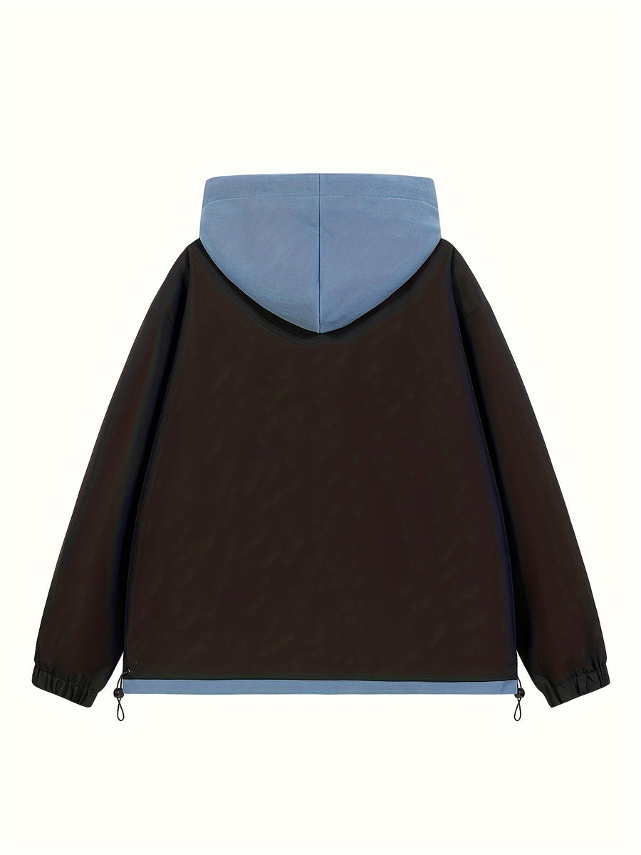 American Style Coat Women'S Trench Hooded Faux Two-Piece Windbreaker Design-Driven Color-Block Casual Loose Jacket - Black Color+Blue