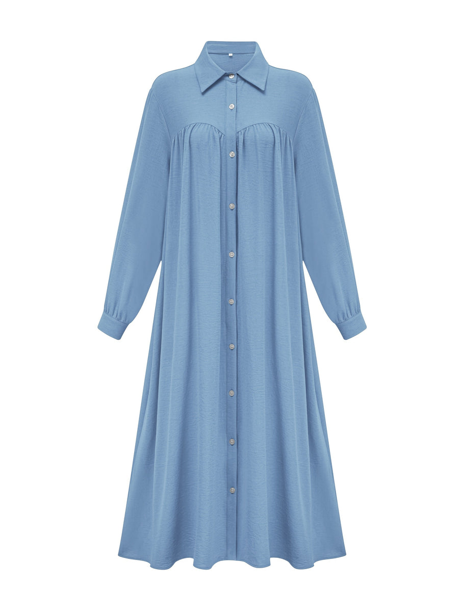 Fashion Women's Pocket Shirt Dress with Chest Gathering, Measured Bust at Back - Blue