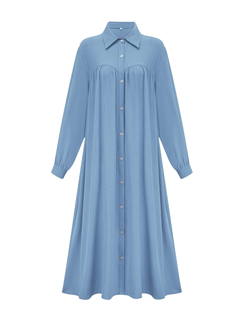 Fashion Women's Pocket Shirt Dress with Chest Gathering, Measured Bust at Back - Blue