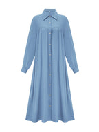 Fashion Women's Pocket Shirt Dress with Chest Gathering, Measured Bust at Back - Blue
