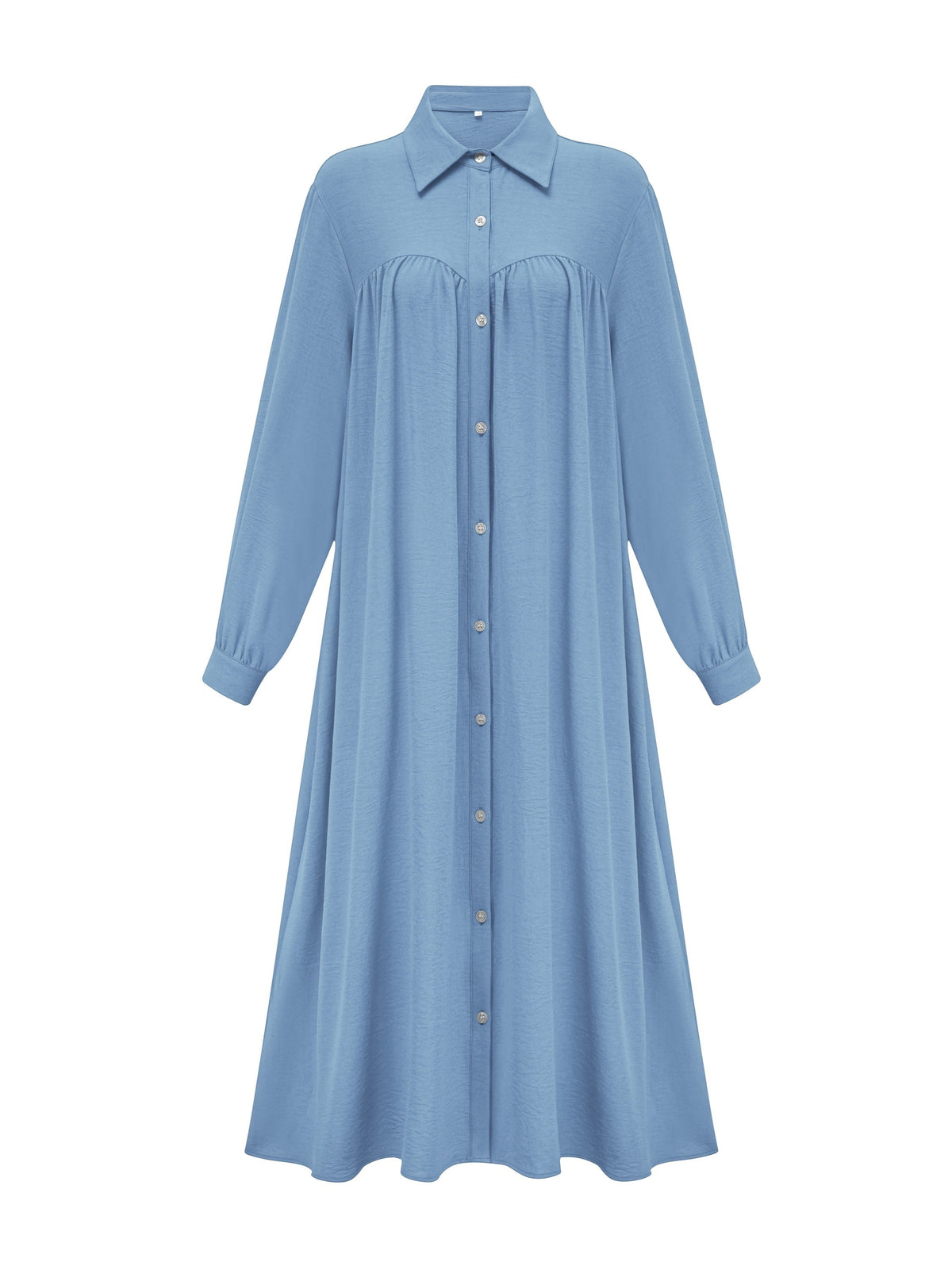 Fashion Women's Pocket Shirt Dress with Chest Gathering, Measured Bust at Back - Blue