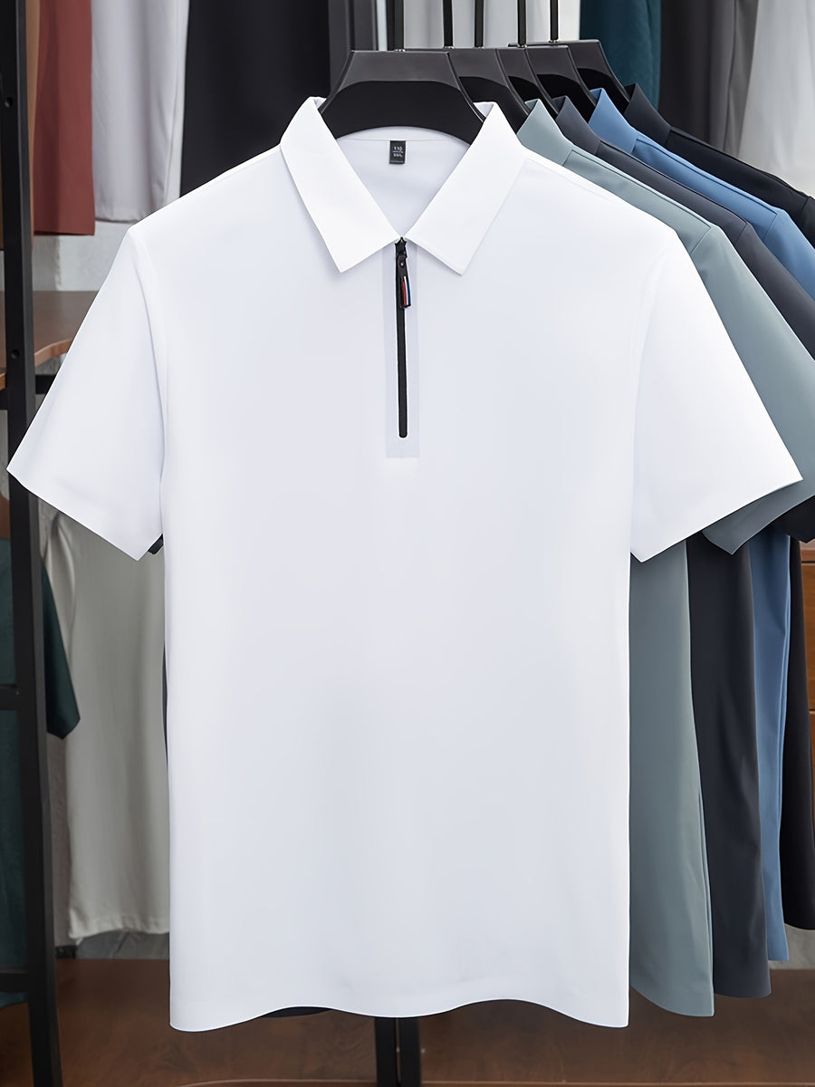 Men's Summer Short-Sleeve Half-Zip Lapel Polo Shirt - Solid Color T-Shirt Suitable for Casual & -Casual Wear, Breathable Half-Zip Collar, Short Sleeve Lapel Collar, Hand Washable Solid Color Polo Tee for Office or Everyday Outfits - White