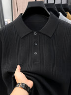 Autumn Renewal 1pc: Black Knitted Long-Sleeve Polo Shirt for Middle-Aged Men, Vertical Stripe Jacquard, Three-Button Lapel, Business Casual, Slim Fit for Spring/Autumn, Commuting and Daily Layering Top - Black