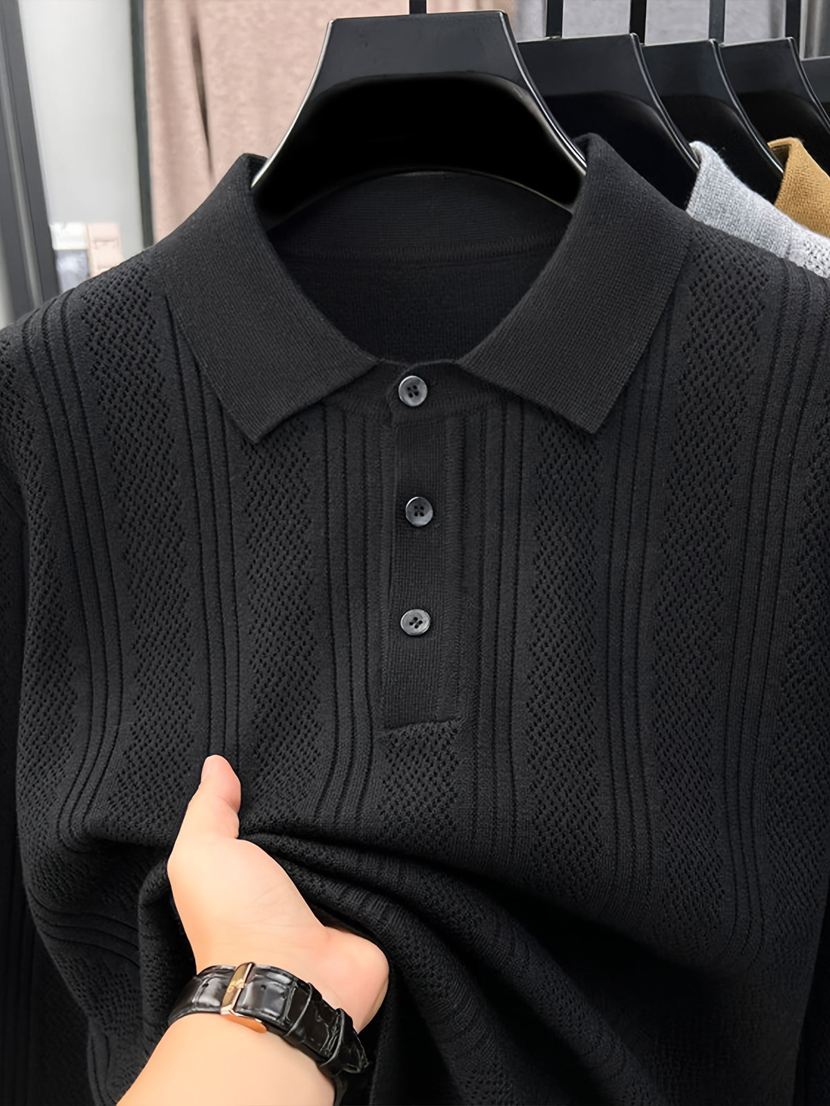 Autumn Renewal 1pc: Black Knitted Long-Sleeve Polo Shirt for Middle-Aged Men, Vertical Stripe Jacquard, Three-Button Lapel, Business Casual, Slim Fit for Spring/Autumn, Commuting and Daily Layering Top - Black