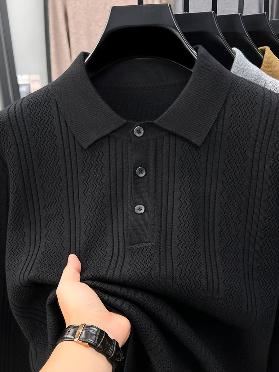 Autumn Renewal 1pc: Black Knitted Long-Sleeve Polo Shirt for Middle-Aged Men, Vertical Stripe Jacquard, Three-Button Lapel, Business Casual, Slim Fit for Spring/Autumn, Commuting and Daily Layering Top - Black