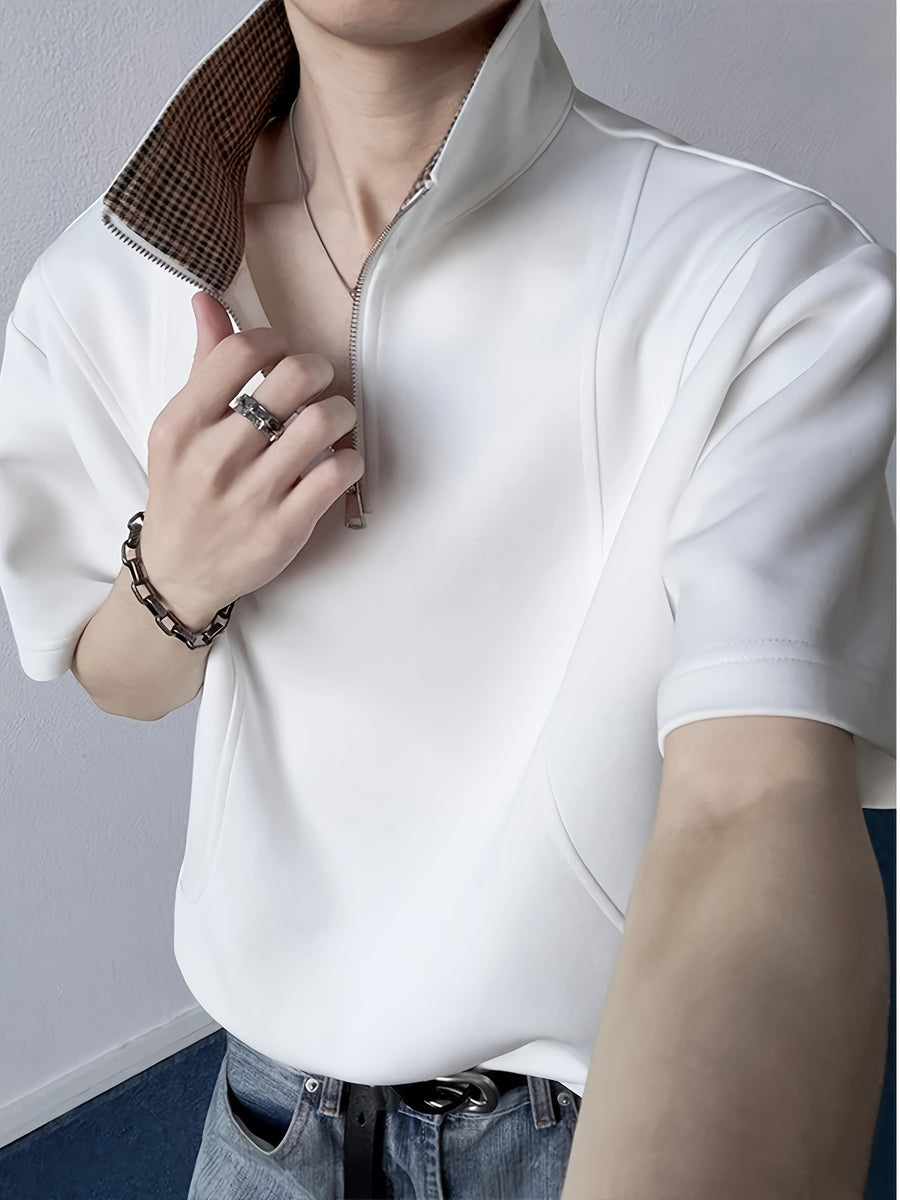 Men's Plaid Patchwork Lapel Half-Zip Short-Sleeve T-Shirt, Summer Loose Fit Casual Premium Polo Shirt - White