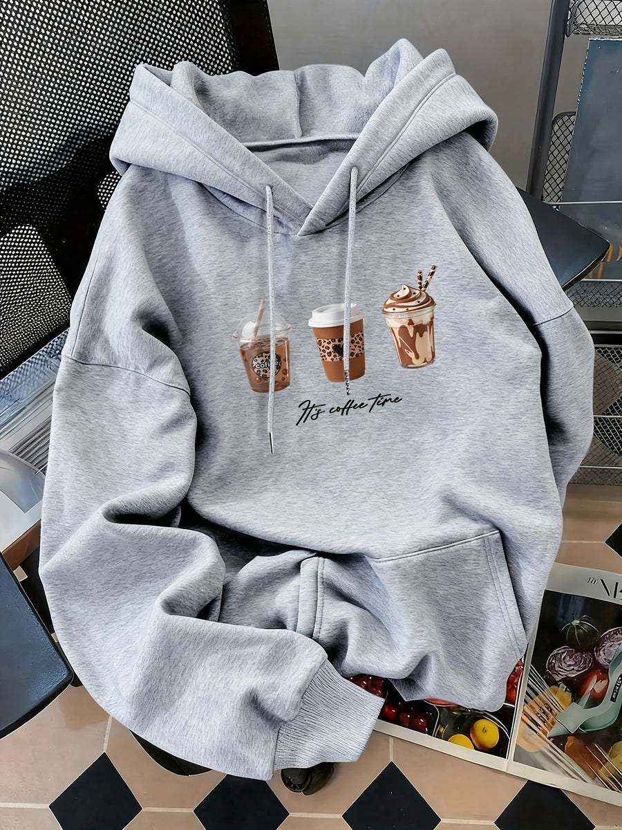 Women's Fashion Hoodie with Three Cups of Coffee H's COFFE TIME Print Kangaroo Pocket Long Sleeve Sweatshirt for Autumn and Winter, Ideal for Daily Casual Wear, Outings, and Parties - Grey