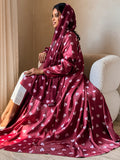 1 Set Heart Print Satin Abaya Set With, Elegant Flare Maxi Open Abaya for Women - Deep Red