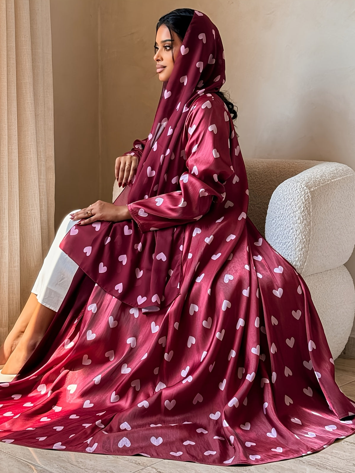 1 Set Heart Print Satin Abaya Set With, Elegant Flare Maxi Open Abaya for Women - Deep Red