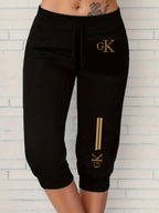 Summer Women'S Golden Geometric Pattern Letter Print Ankle-Cinching Sweatpants, High-Waist Drawstring Casual Bermuda Shorts - Black