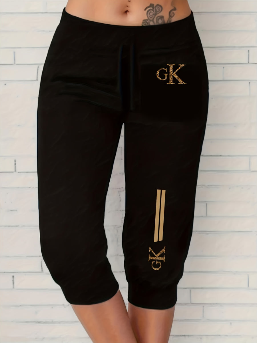 Summer Women'S Golden Geometric Pattern Letter Print Ankle-Cinching Sweatpants, High-Waist Drawstring Casual Bermuda Shorts - Black