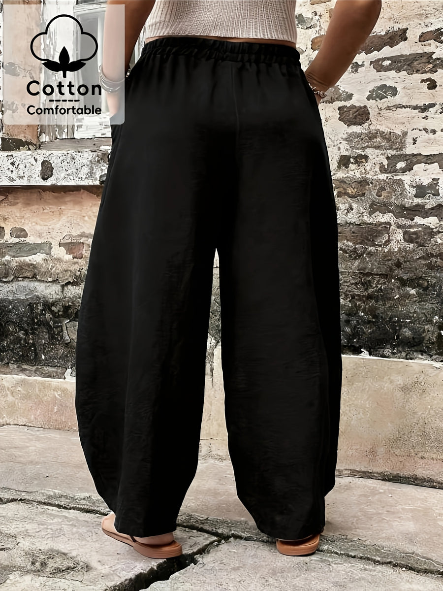 Plus Size, Plus Size Stylish Women's Solid Color Casual Pants, Elastic High Waist with Pockets, Loose Wide-Leg Trousers, Versatile Pants for Commuting and Vacation - Black