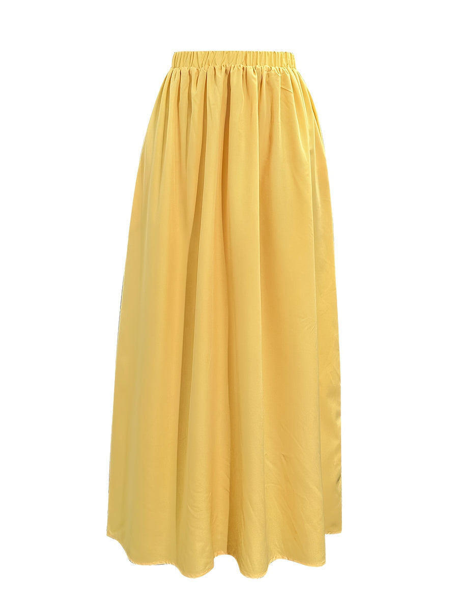 Spring/Summer Women's Elegant Style Yellow Skirt with Elastic Waistband and Pockets, Versatile for Casual Outings and Daily Wear - Yellow