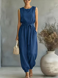 2026 Spring/Summer Women'S Bohemian Style Lightweight Breathable Sleeveless Tie-Up Ankle-Cinching Wide-Leg Jumpsuit. Commute Style, Beach/Office/Weekend Multi-Scene Wear - Navy Color