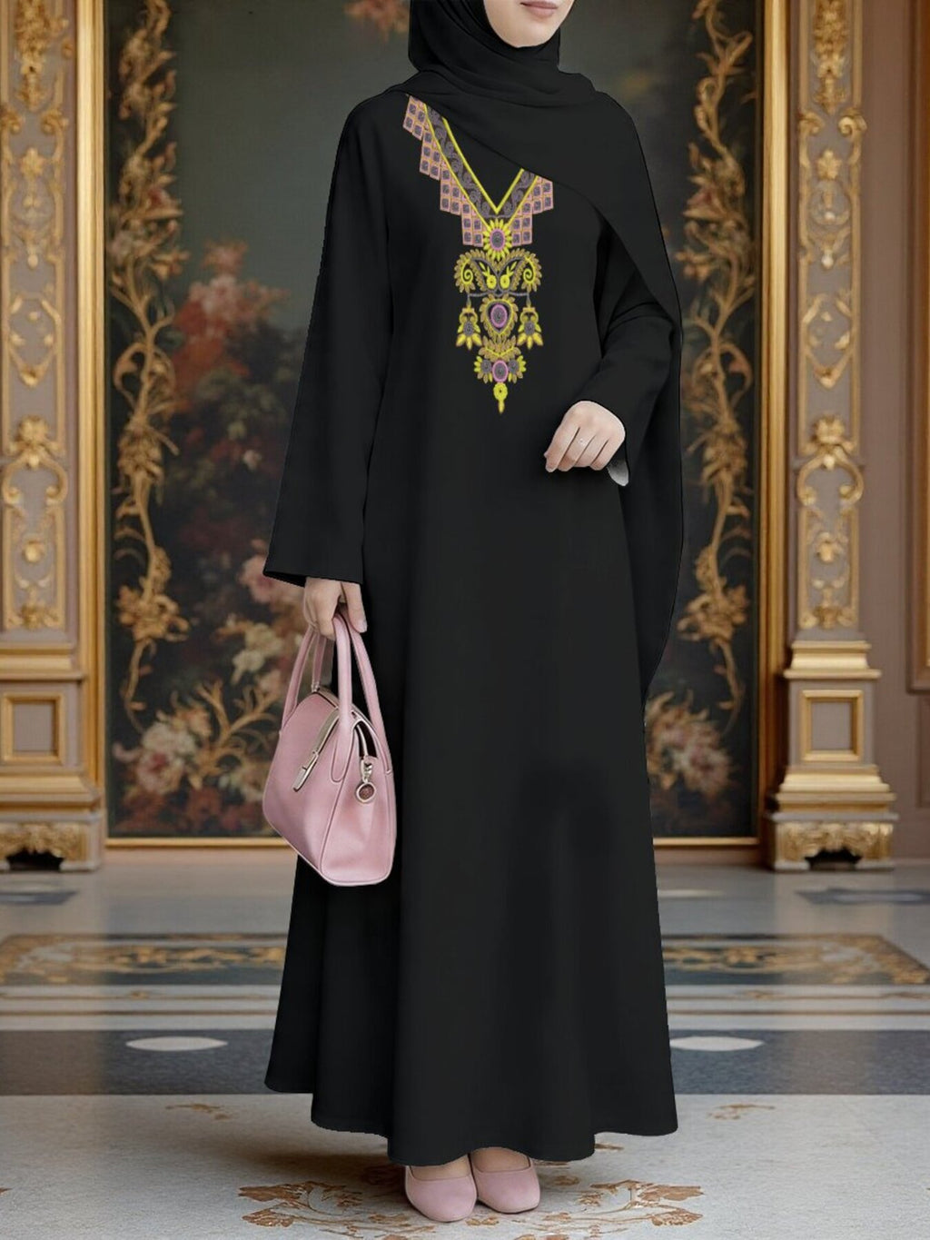 Black Exquisite Ethnic Style Printed Muslim Women'S Robe, Middle Eastern Dubai Temperament Long Dress, Loose And Flowing, Prayer Banquet Outdoor Multi-Scene Wear, Islamic Clothing, Headscarf Additions Not Included - Mixed colors