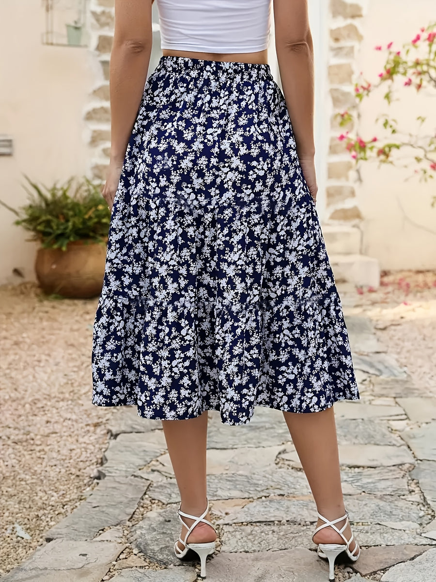 Floral Print Elastic Waist Midi Skirt, Bohemian Flared Skirt with Pockets, Women's Clothing - Navy Blue + White