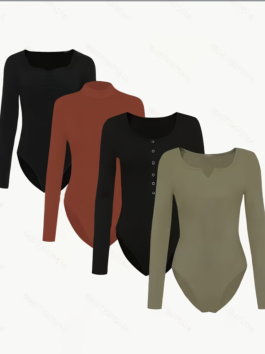 4pcs Button-Front Tight Bodysuit Set - Mixed colors