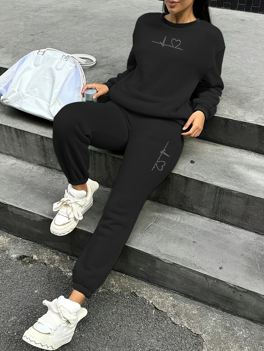 Women's 2pcs Fleece Sweatsuit - ECG Heart Print Warm Winter Tracksuit, Soft Polyester Matching Outfit with Pockets, Machine Washable & Outdoor Sweatsuits (Multiple Colors) for Fall/Winter, 2pcs set - Black