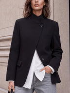 Stand-up Collar with Irregular Slanted Placket, Women's Casual Blazer, Versatile and Elegant Commuter Blazer Top, Dual-wear Suit for Daily and Workplace, Lined, with Pockets - Black