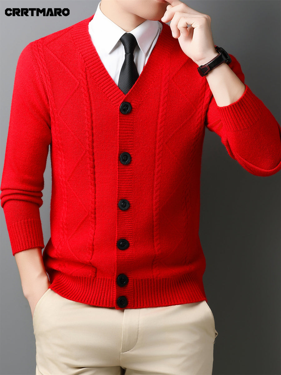 Men'S Wool Blend, Thick Knit Cardigan, Warm Casual Layering Top for Fall And Winter - Bright Red