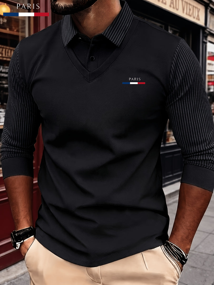 Men's New All-Season Knitwear Classic Lapel Long Sleeve 2-in-1 Look Polo Shirt, Featuring a Stylish and Minimalist Geometric Print Stripe Design, with a Color-blocked Collar and Layered Shirt Style. Made from Lightweight, Breathable - PS Black