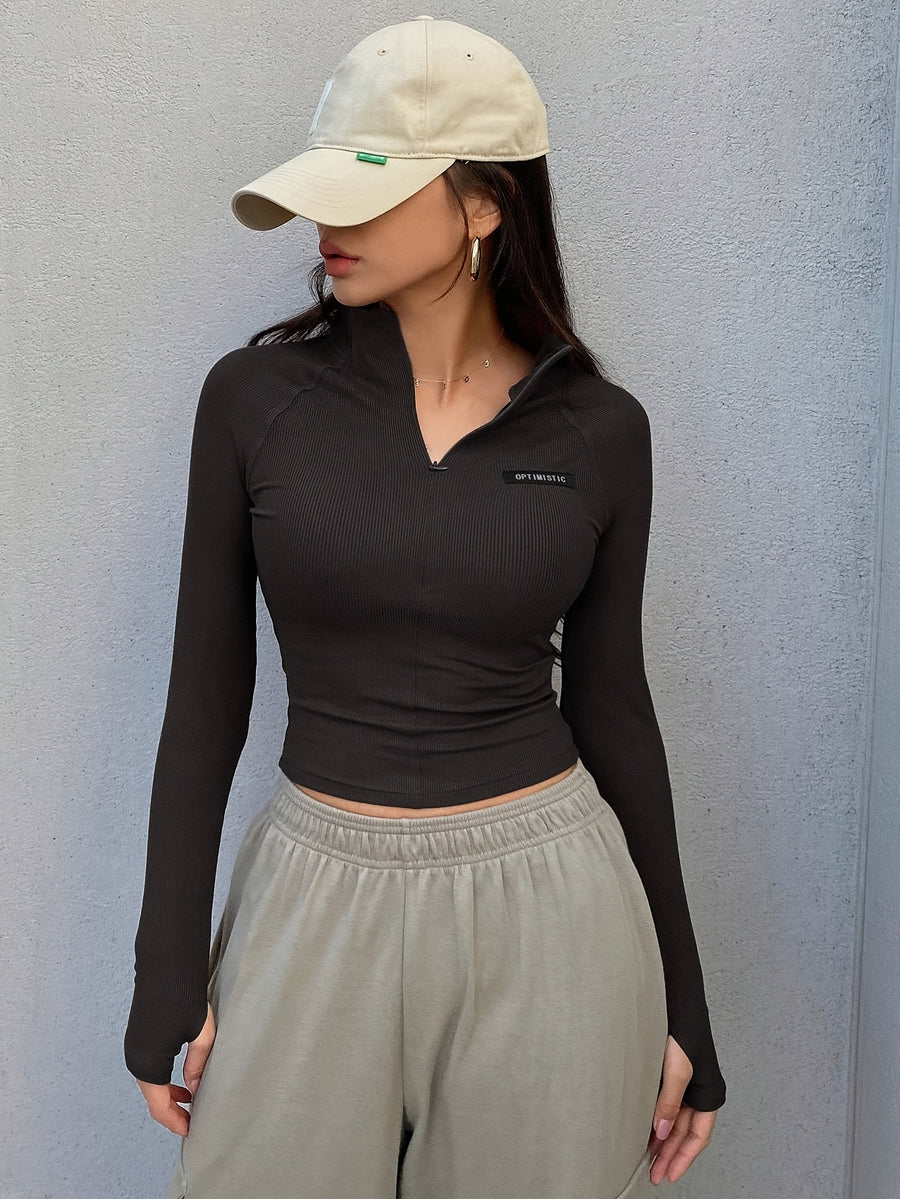 Slim-Fit Long-Sleeve T-Shirt with a Half Zipper for a Stylish Look - Black