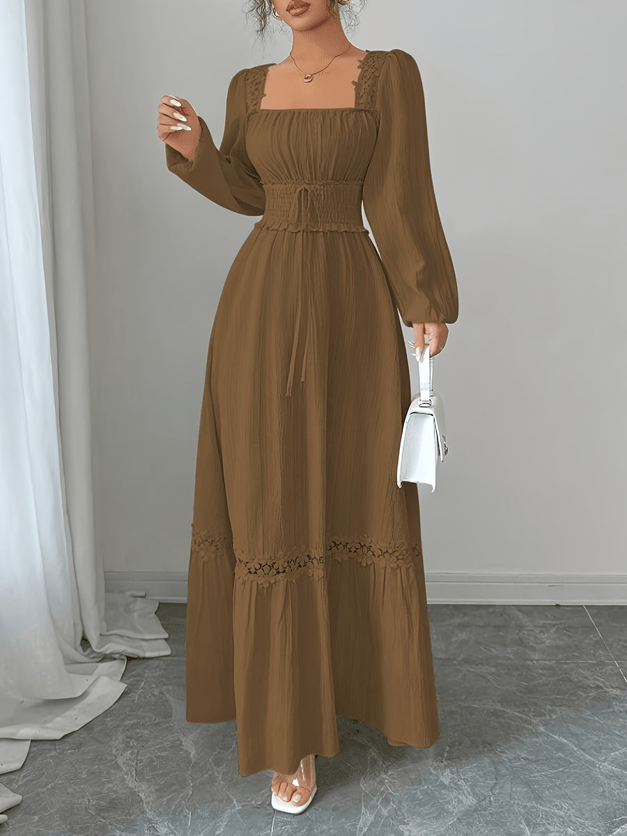 New Spring/autumn Cream Yellow French Ruffle Square Neckline Elegant Slim-fit Long-sleeved Dress, Women's Autumn - 【Brown】