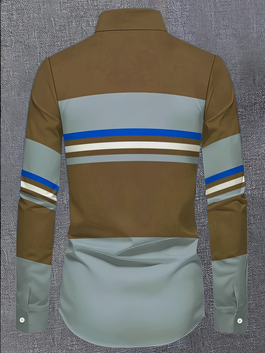 Men'S Color-Block Striped Long Sleeve Shirt, Casual Patchwork Design Fashion Men'S Top - Mixed Color 2